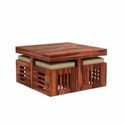 Square 1 + 4 Solid Wood Centre Table with Cushion Stools
