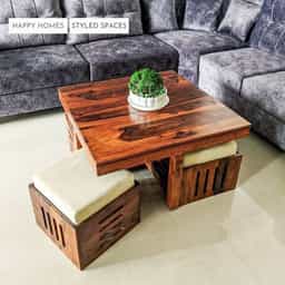 Square 1 + 4 Solid Wood Centre Table with Cushion Stools