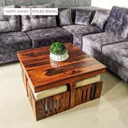 Square 1 + 4 Solid Wood Centre Table with Cushion Stools