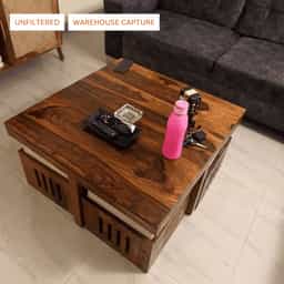 Square 1 + 4 Solid Wood Centre Table with Cushion Stools