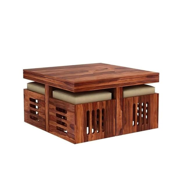 Square 1 + 4 Solid Wood Centre Table with Cushion Stools