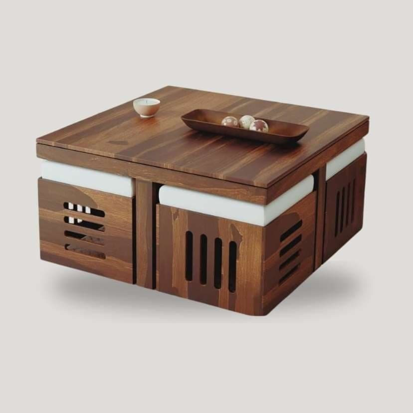 Square 1 + 4 Solid Wood Centre Table with Cushion Stools