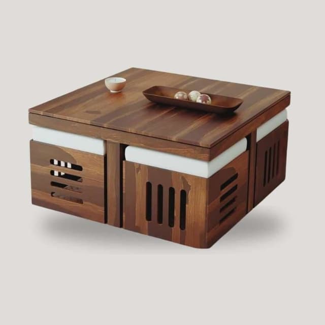 Square 1 + 4 Solid Wood Centre Table with Cushion Stools