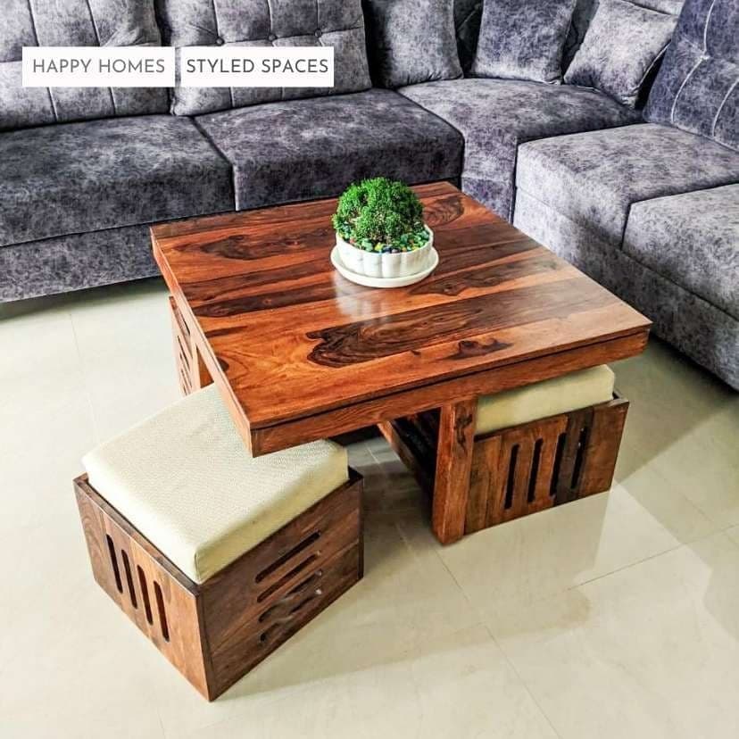 Square 1 + 4 Solid Wood Centre Table with Cushion Stools
