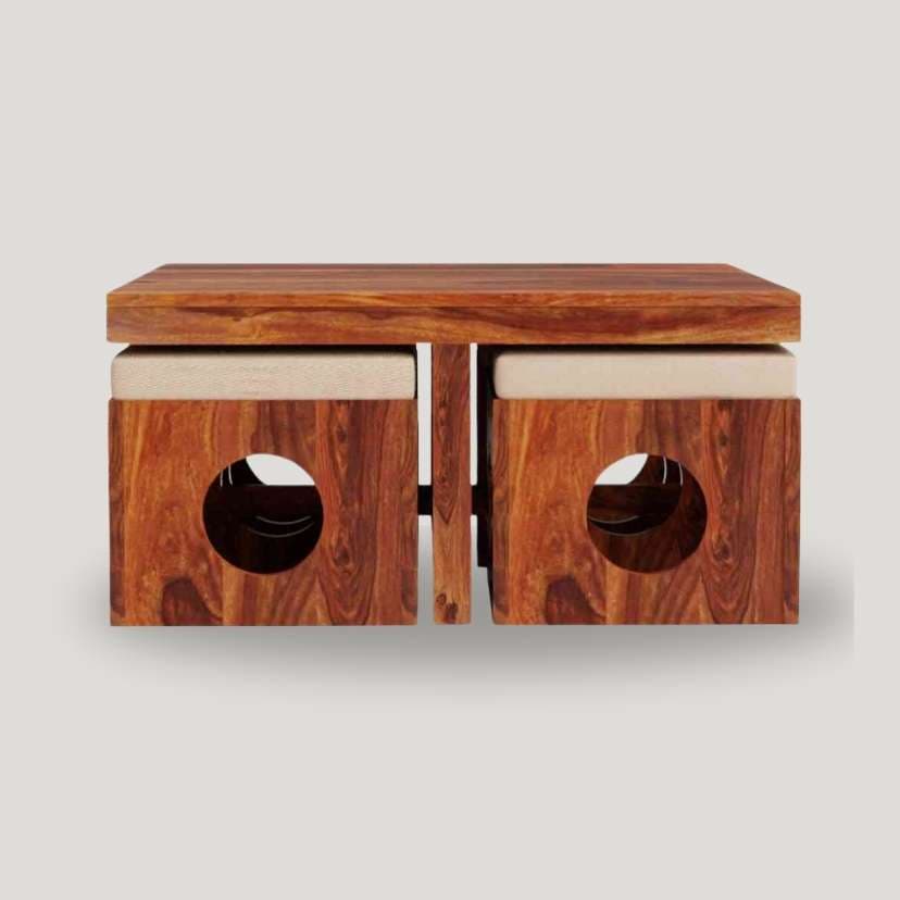 Coffee Table in Solid Wood 4 with Cushion Stools