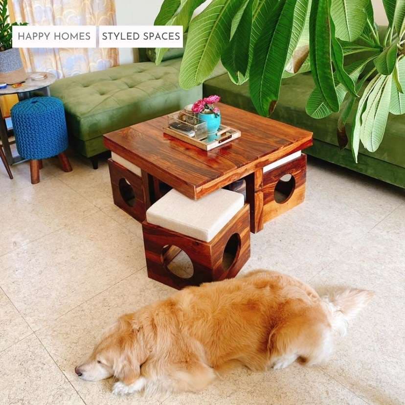 Coffee Table in Solid Wood 4 with Cushion Stools